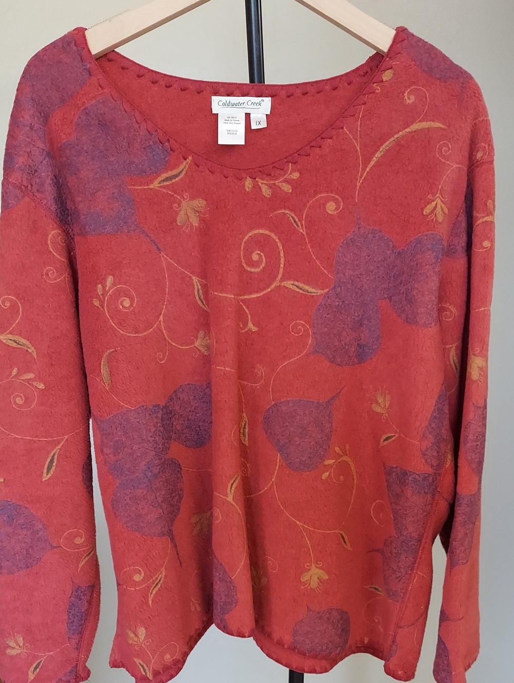Coldwater Creek Red Crewneck Sweater with Purple Leaves and TanVine Detail Sz 1X